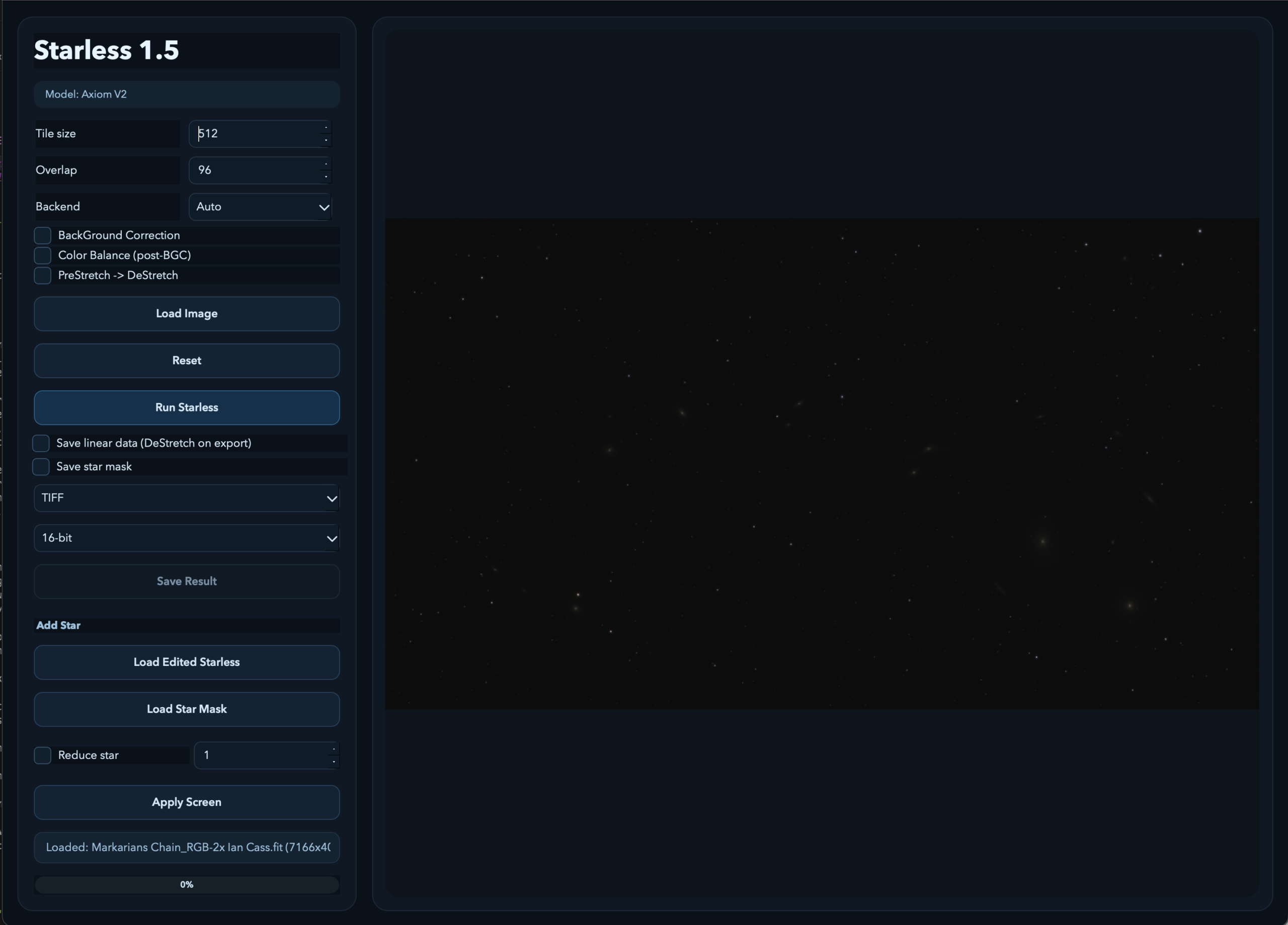 Starless software interface screenshot